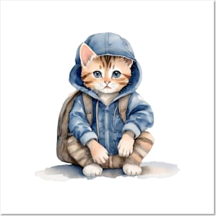 cute streat cat wearing a hoodie and a backpack Posters and Art